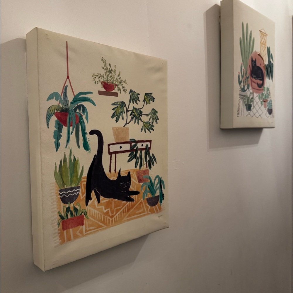 Botanical Cat Canvas Art - matching set two piece black cat home decor 10x10"